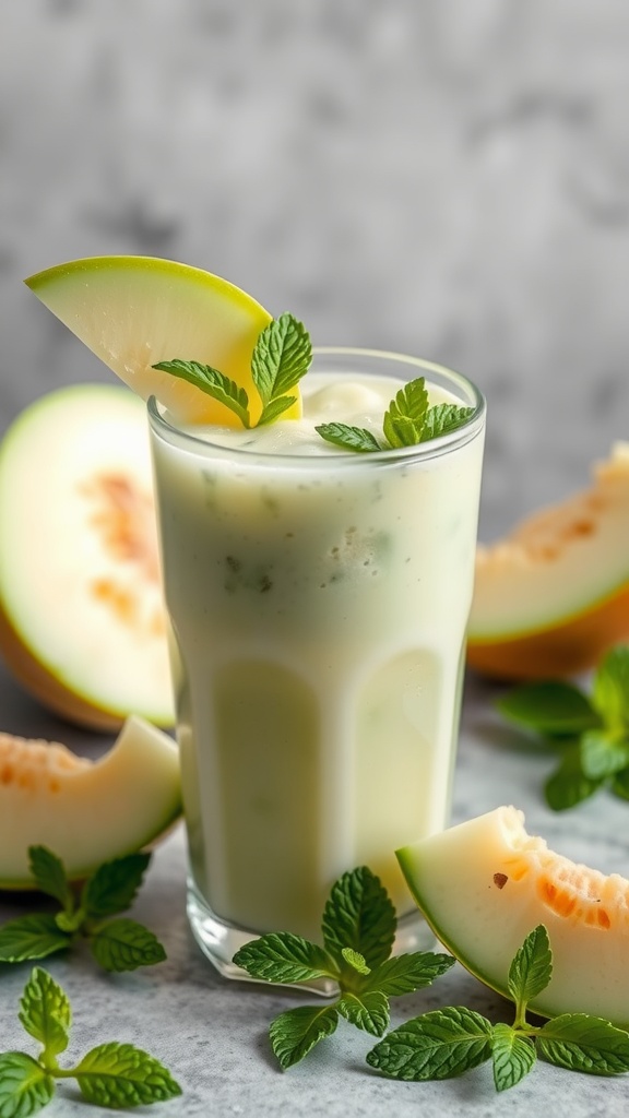 A refreshing honeydew melon smoothie garnished with mint leaves and a slice of melon