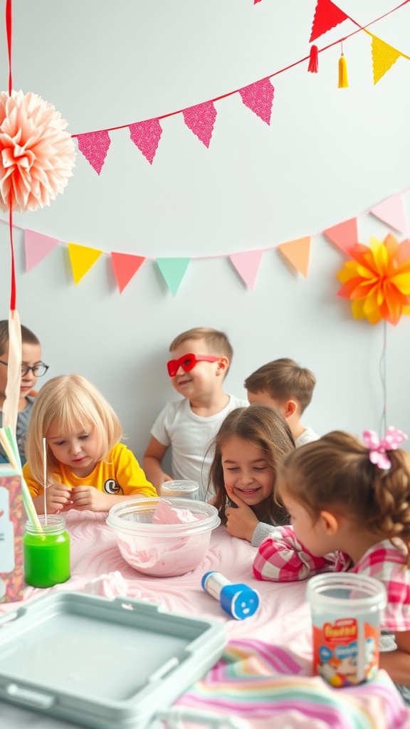 Kids enjoying a fluffy slime party with colorful decorations and slime-making supplies.