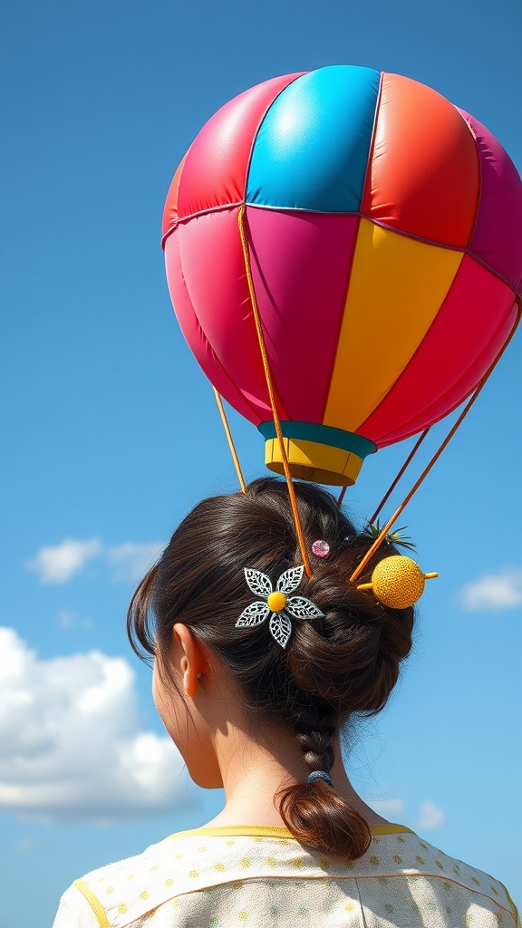 A person with a hairstyle designed to look like a hot air balloon, featuring colorful elements and playful accessories.