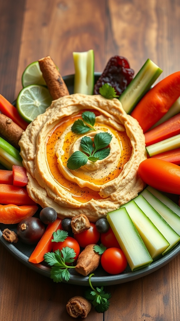 A colorful platter of hummus surrounded by assorted fresh vegetables.