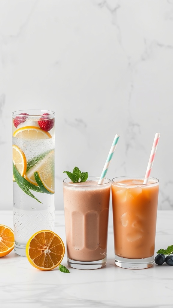 Refreshing beverages inspired by Mediterranean flavors, including mint lemonade and creamy orange smoothie.