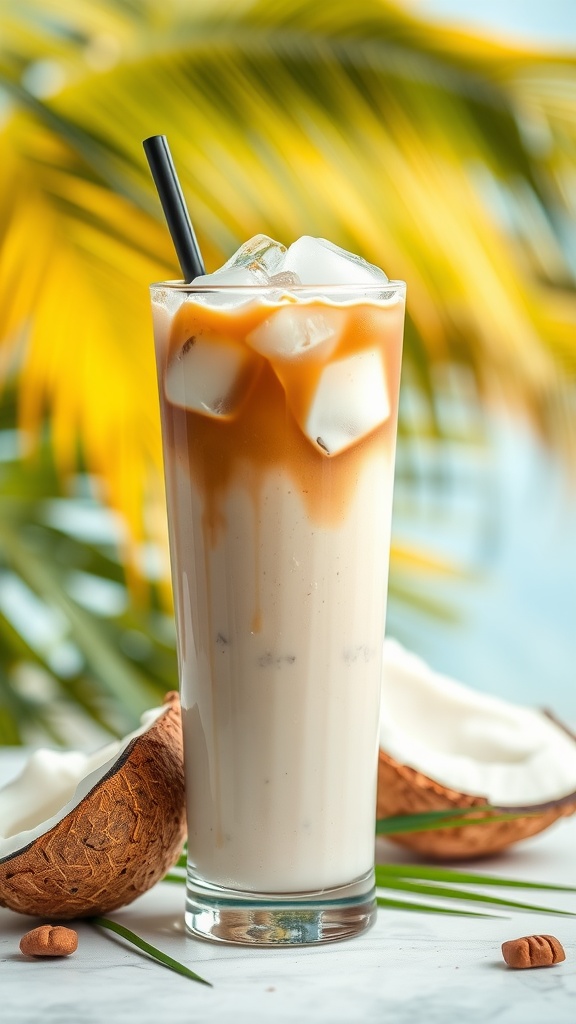 A glass of iced coconut coffee with ice cubes and a straw, surrounded by coconut shells.