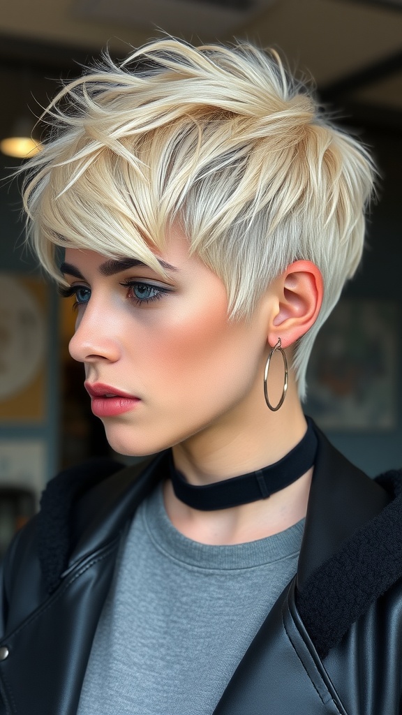 A close-up of a woman with an icy blonde pixie cut, showcasing textured layers and stylish earrings.