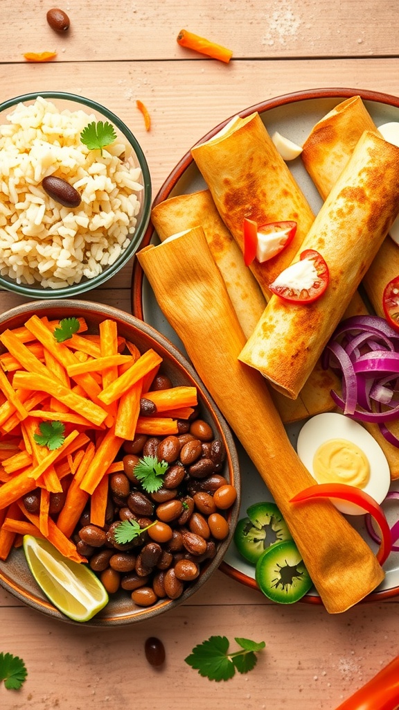 Delicious chicken taquitos served with rice, beans, and fresh vegetables.