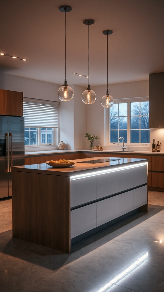 A modern kitchen island with illuminated edges and stylish pendant lights.