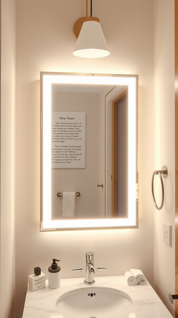 A modern illuminated mirror above a bathroom sink with stylish decor.