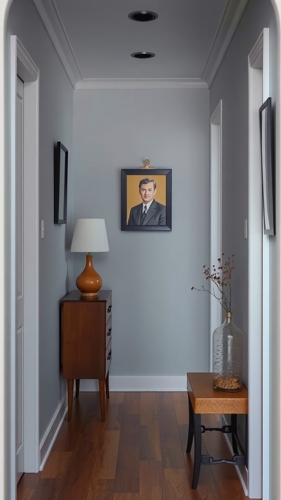 A narrow hallway featuring gray walls, wooden flooring, a lamp, and decorative elements.