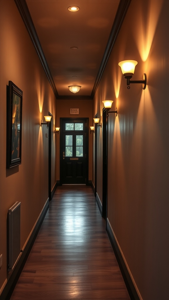 A well-lit hallway with wall sconces and overhead lights creating a cozy ambiance.