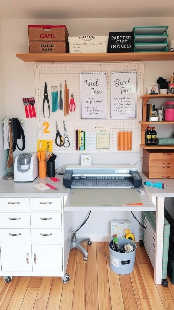 A bright and organized craft room cutting station with various tools and supplies.