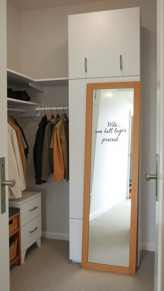 A small closet featuring a full-length mirror, neatly arranged clothes, and storage.