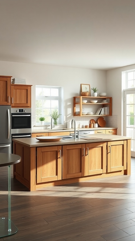 A modern kitchen featuring a wooden island with storage, ample counter space, and bright natural light.