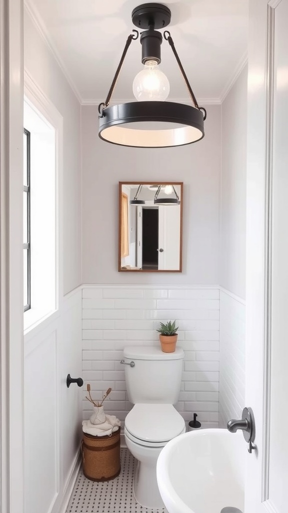 A stylish black statement light fixture hanging in a small bathroom, enhancing its decor.