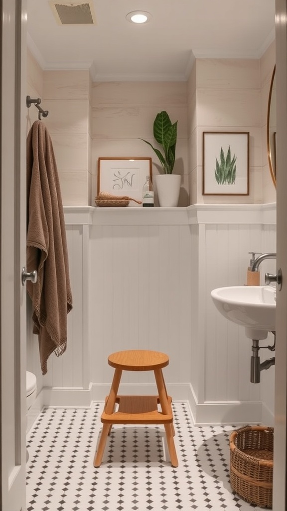 A cozy small bathroom featuring a wooden step stool, towel, and decorative plants.