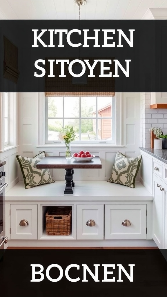A cozy kitchen with bench seating and storage underneath.