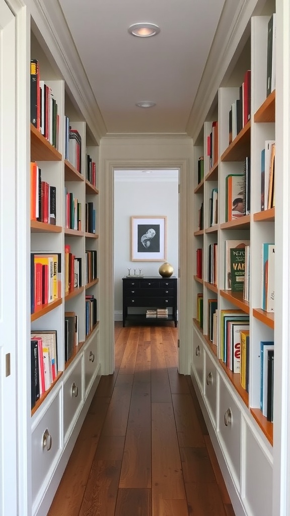 A small hallway featuring built-in shelves filled with books on both sides.