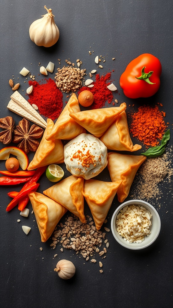A spread of ingredients typically used for making Crab Rangoon including cream cheese, crab meat, and wonton wrappers.