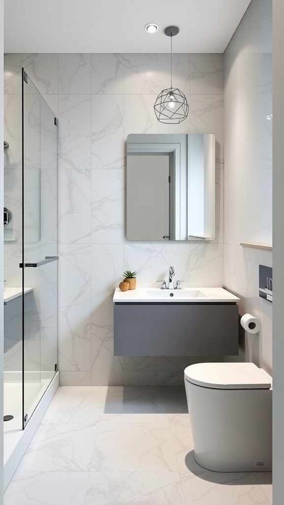 A modern small bathroom featuring a floating vanity, shower, and a small plant.