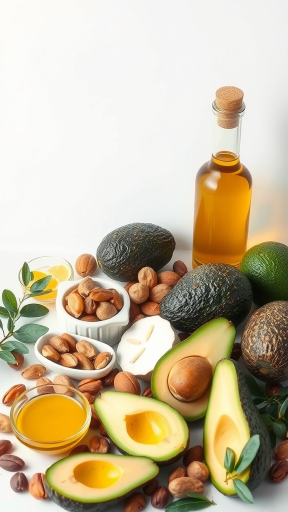 A vibrant avocado salad with mixed nuts, tomatoes, and a light olive oil dressing.