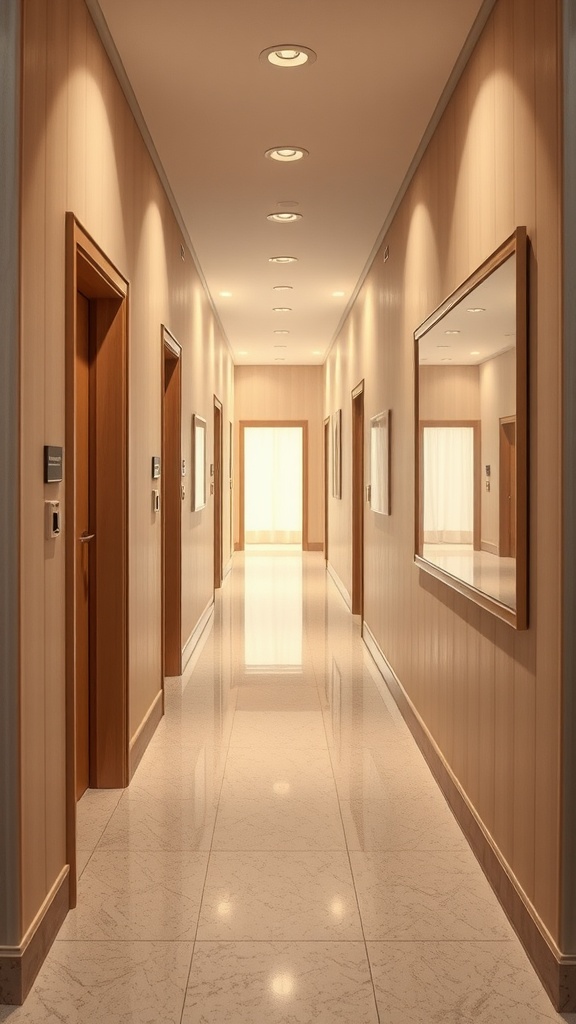 A well-lit hallway featuring wooden doors and mirrors on the walls.