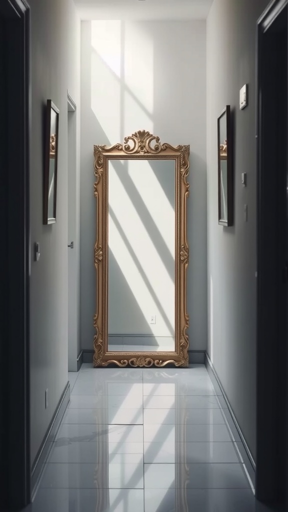 A hallway featuring a large ornate mirror reflecting light and creating depth.