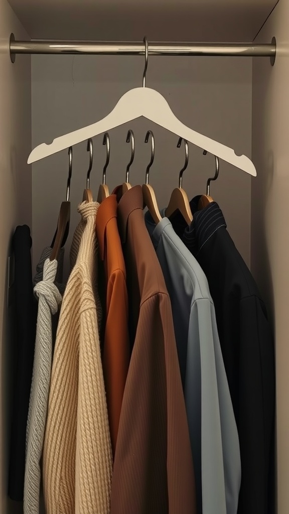 A closet with multi-level hangers displaying various shirts and sweaters.