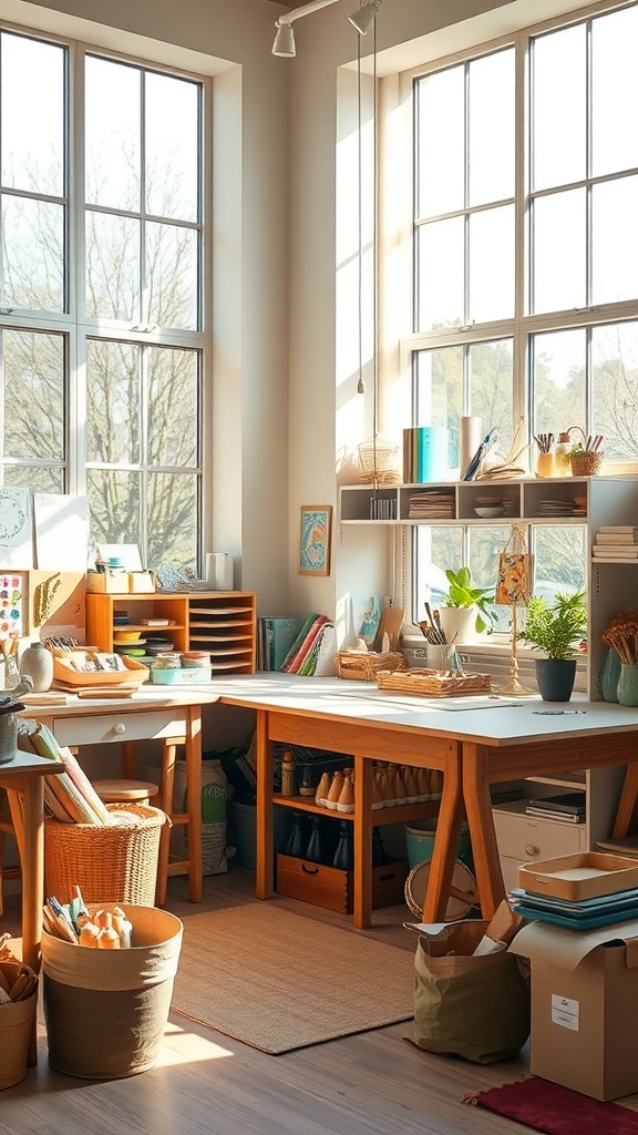 A bright and organized craft room with large windows letting in natural light.