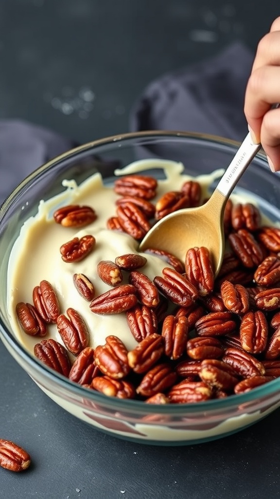 A bowl of candied pecans being mixed with a spoon.