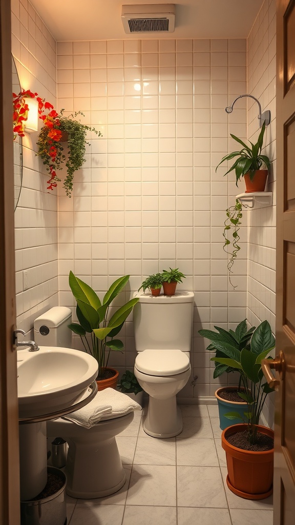 A stylish half bathroom with various potted plants, enhancing the fresh atmosphere.