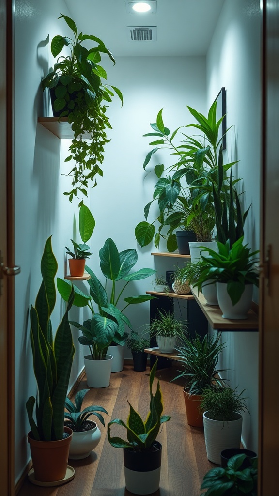A small hallway filled with various indoor plants creating a fresh atmosphere.