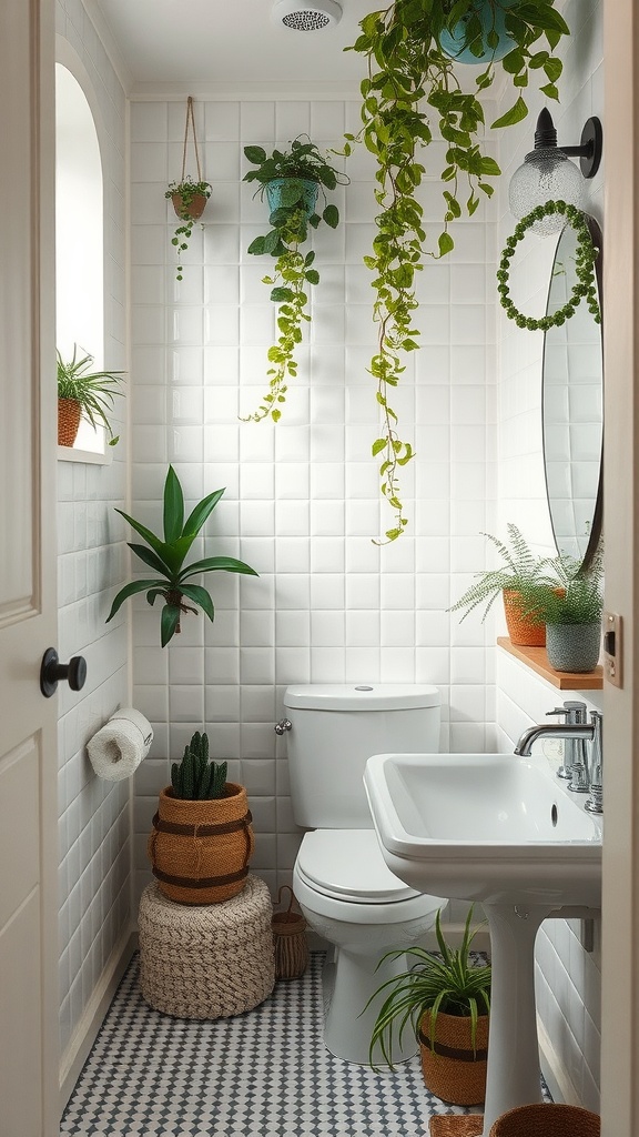 A small bathroom decorated with various plants, including hanging and potted varieties.