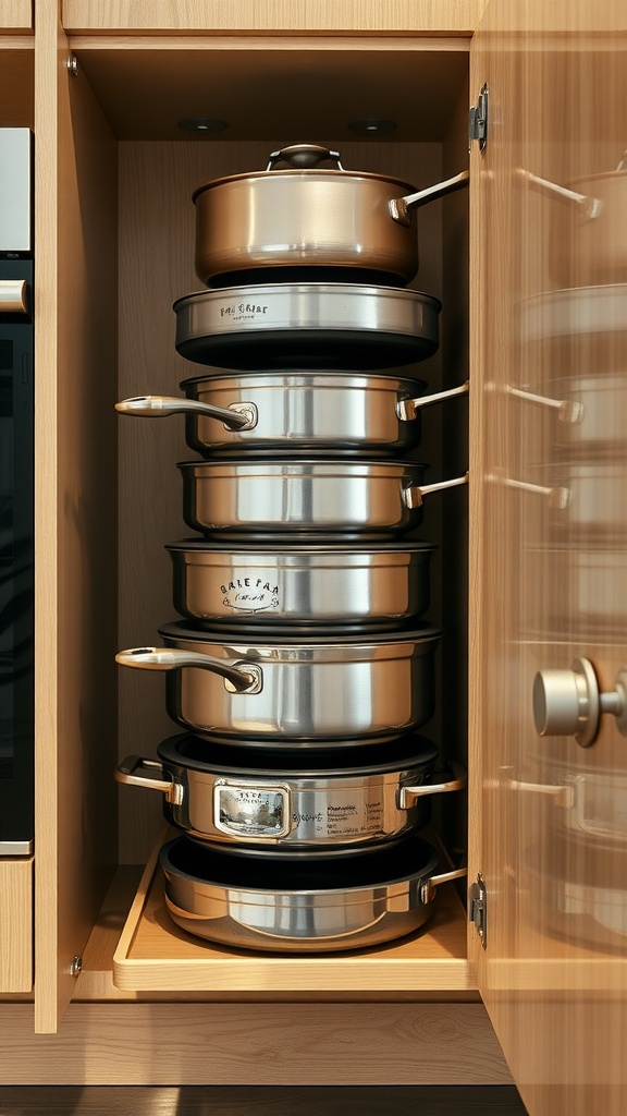 A kitchen cabinet with pull-out drawers holding stacked pots and pans.