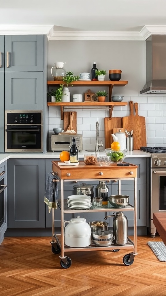 A stylish kitchen with gray cabinets, a wooden rolling cart in the center, and open shelves displaying various kitchen items.
