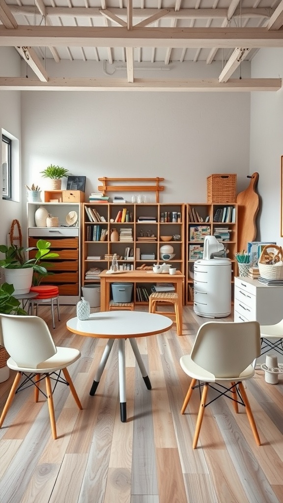 A bright and organized craft room with a round table and chairs, perfect for collaborative projects.