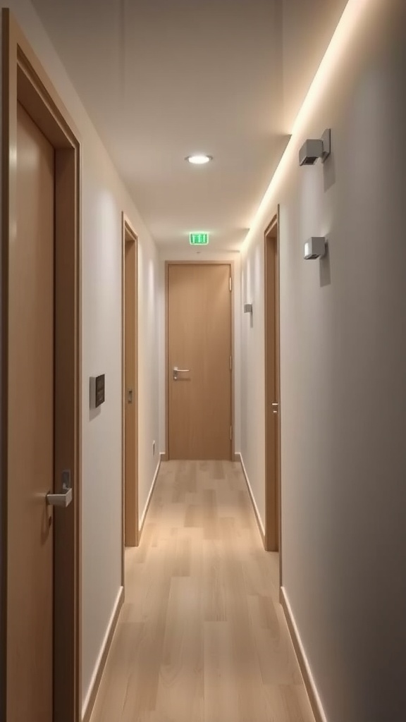 A modern hallway with smart lighting and wooden doors