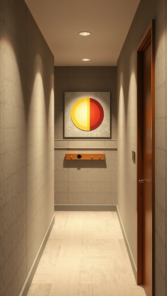A small, well-lit hallway with modern decor including an artwork and wooden coat rack.