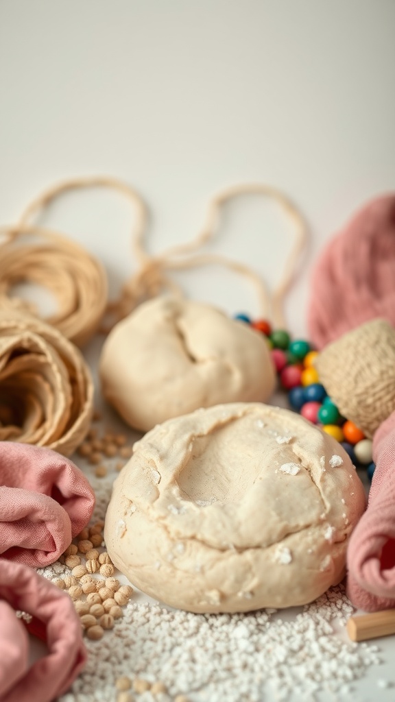 A collection of homemade playdough with various textures and colors.