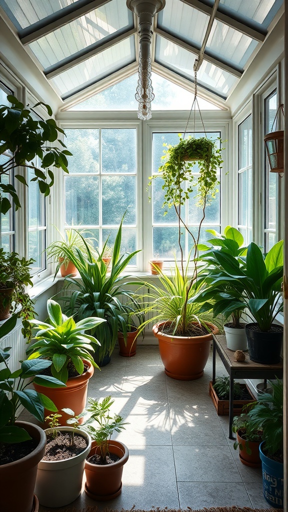 A bright sunroom filled with various potted plants, showcasing an indoor garden.
