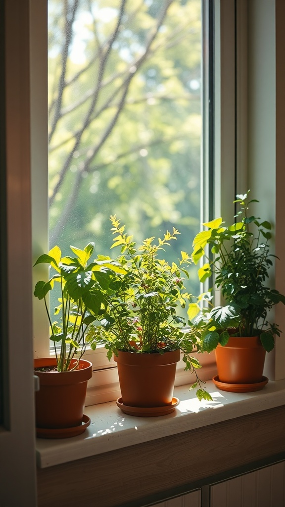 Indoor herb garden on a window sill with green plants in terracotta pots.