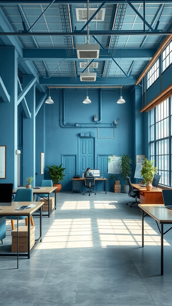 An industrial-style blue workspace featuring large windows, plants, and modern desks.