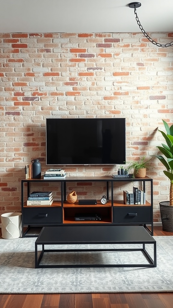 Industrial metal frame TV unit with wooden shelves and a brick wall background