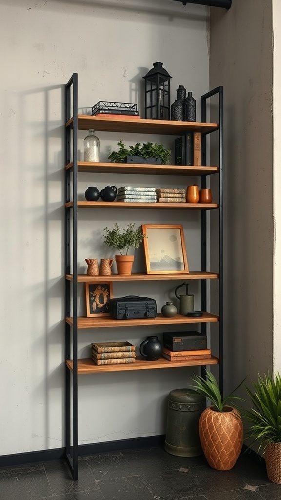 Industrial style corner shelf with wooden shelves and metal frame, decorated with various items.