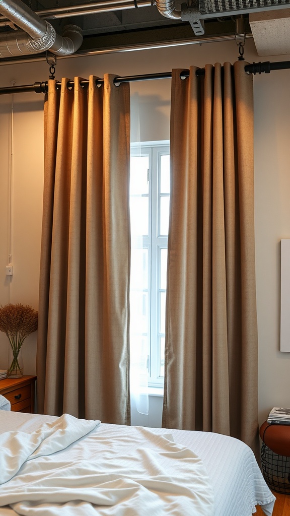 Industrial style curtains in warm brown tones hanging in a bedroom