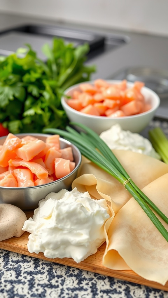 Ingredients and preparation items for crab rangoon.