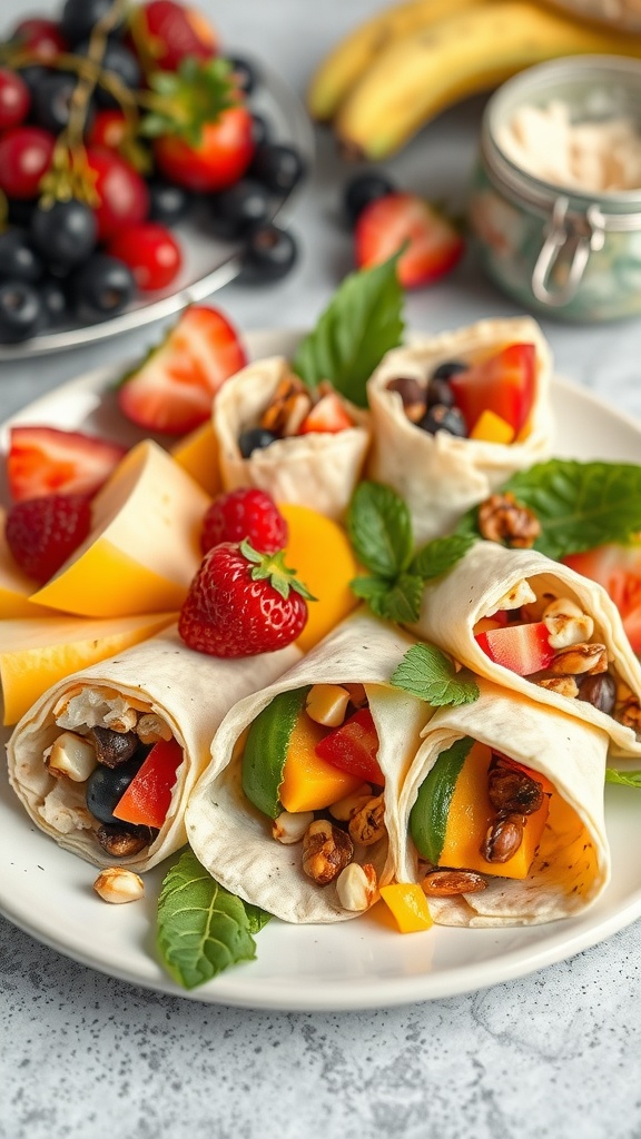 Delicious cheese wraps filled with colorful veggies and nuts on a plate.