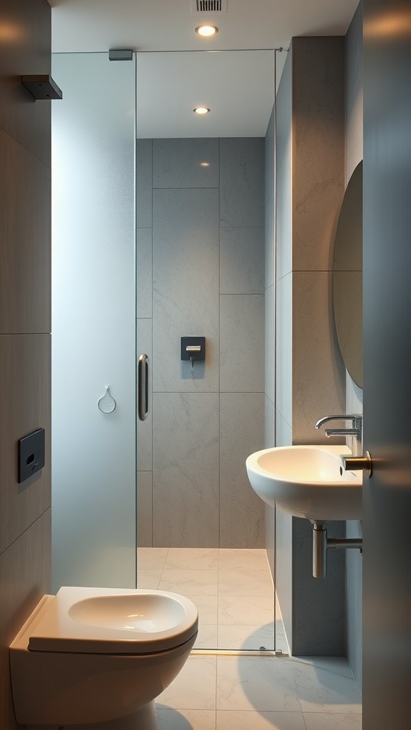 A modern half bathroom featuring frosted glass partitions, a sleek sink, and minimal decor.