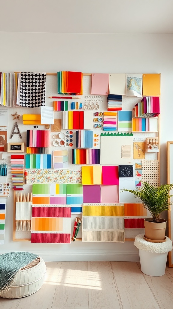 A colorful inspiration board filled with various papers, fabrics, and craft supplies.
