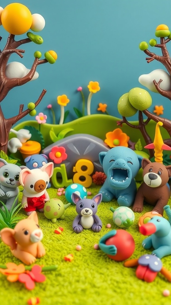 Colorful homemade playdough creations inspired by animals and nature.