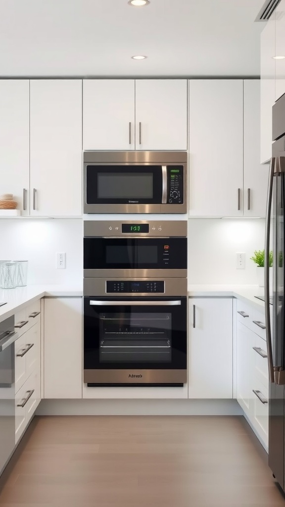 A modern white kitchen featuring integrated appliances.