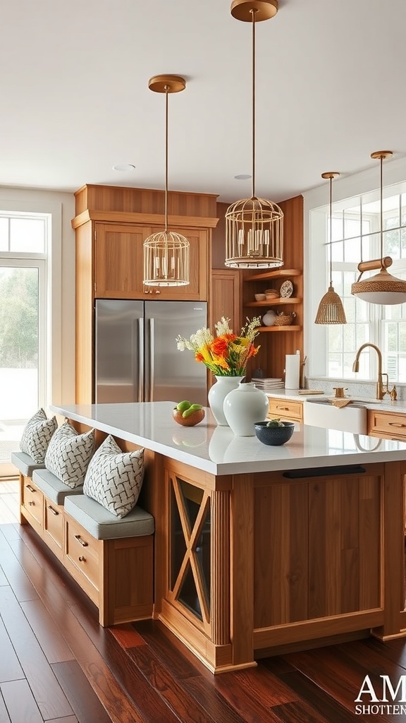 A kitchen island with integrated seating areas featuring cushions, surrounded by natural wood and light fixtures.