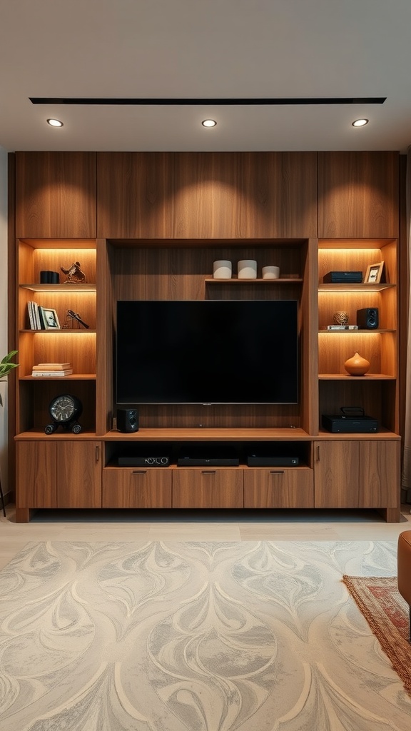 A modern entertainment center with integrated smart technology features.
